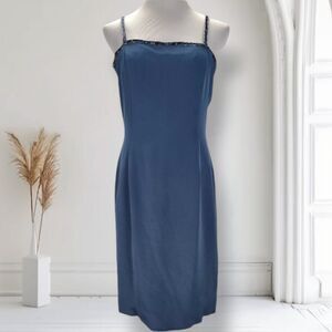 Vintage 90s Niteline Beaded Square Neck Cocktail Dress Size 8 Blue Knee Length